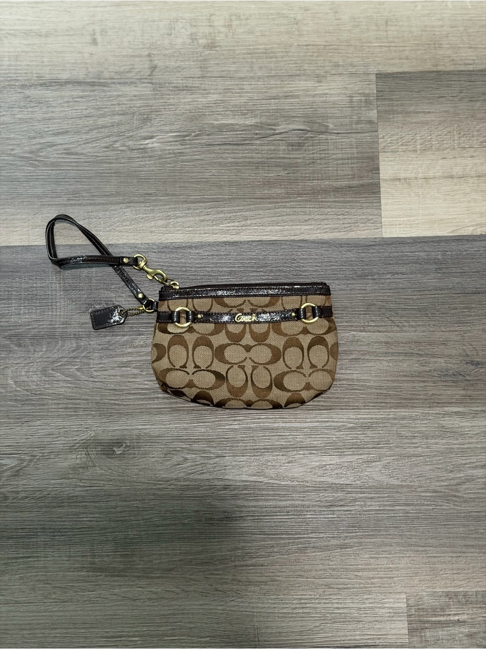 Coach Brown Signature Canvas Wristlet with Dark Brown Trim